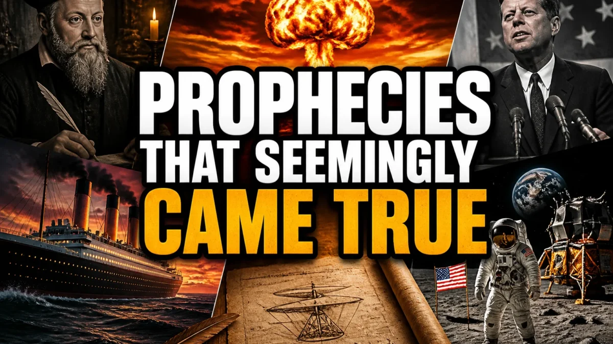A bold, high-impact blog featured image in the style of a professional YouTube thumbnail or documentary poster. Create a dramatic photo-collage montage of 3-5 distinct historical scenes, subjects, or artifacts directly relevant to "Prophecies That Seemingly Came True: 22 Famous Predictions and the Stories Behind Them" — vivid, cinematic documentary-photography style, rich color grading, high contrast, dynamic diagonal composition blending the scenes together. Overlay a large, bold, stacked headline of text on top reading exactly: "PROPHECIES THAT SEEMINGLY CAME TRUE". Render the headline in a heavy, condensed, high-contrast font with a black outline/stroke for legibility, mixing white text with a single vibrant accent color (gold, red, or orange) on the most important word or phrase for emphasis, spelled correctly. The headline text must be the dominant visual element — large, bold, and easy to read even at small thumbnail size. Vibrant, punchy, professional commercial photography and graphic-design composition. 16:9 landscape. Keep the headline text within the vertical center safe zone, away from the very top and bottom edges of the frame, since the image may be cropped afterward. No watermarks, no logos, no extra captions or invented text beyond the headline itself.