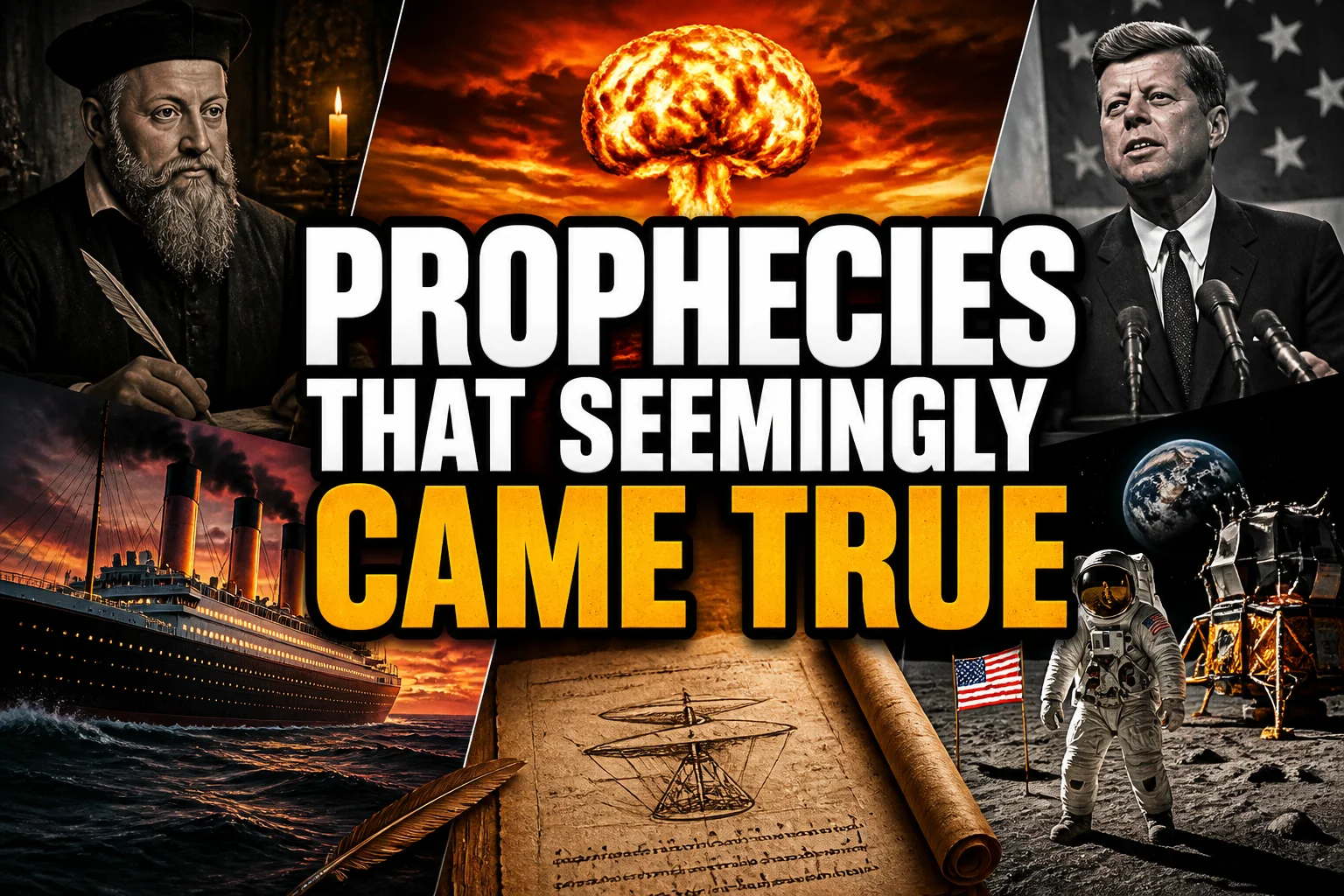 A bold, high-impact blog featured image in the style of a professional YouTube thumbnail or documentary poster. Create a dramatic photo-collage montage of 3-5 distinct historical scenes, subjects, or artifacts directly relevant to "Prophecies That Seemingly Came True: 22 Famous Predictions and the Stories Behind Them" — vivid, cinematic documentary-photography style, rich color grading, high contrast, dynamic diagonal composition blending the scenes together. Overlay a large, bold, stacked headline of text on top reading exactly: "PROPHECIES THAT SEEMINGLY CAME TRUE". Render the headline in a heavy, condensed, high-contrast font with a black outline/stroke for legibility, mixing white text with a single vibrant accent color (gold, red, or orange) on the most important word or phrase for emphasis, spelled correctly. The headline text must be the dominant visual element — large, bold, and easy to read even at small thumbnail size. Vibrant, punchy, professional commercial photography and graphic-design composition. 16:9 landscape. Keep the headline text within the vertical center safe zone, away from the very top and bottom edges of the frame, since the image may be cropped afterward. No watermarks, no logos, no extra captions or invented text beyond the headline itself.