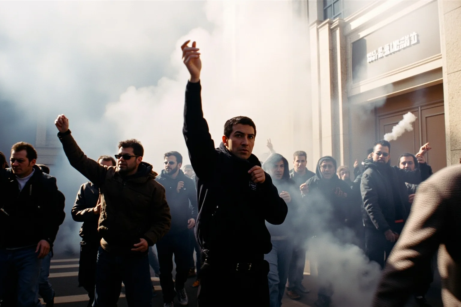 21 Times Governments Were Overthrown by the People 14 Protesters storming the parliament building in Belgrade, 2000, smoke and determination, documentary style, faces blurred.
