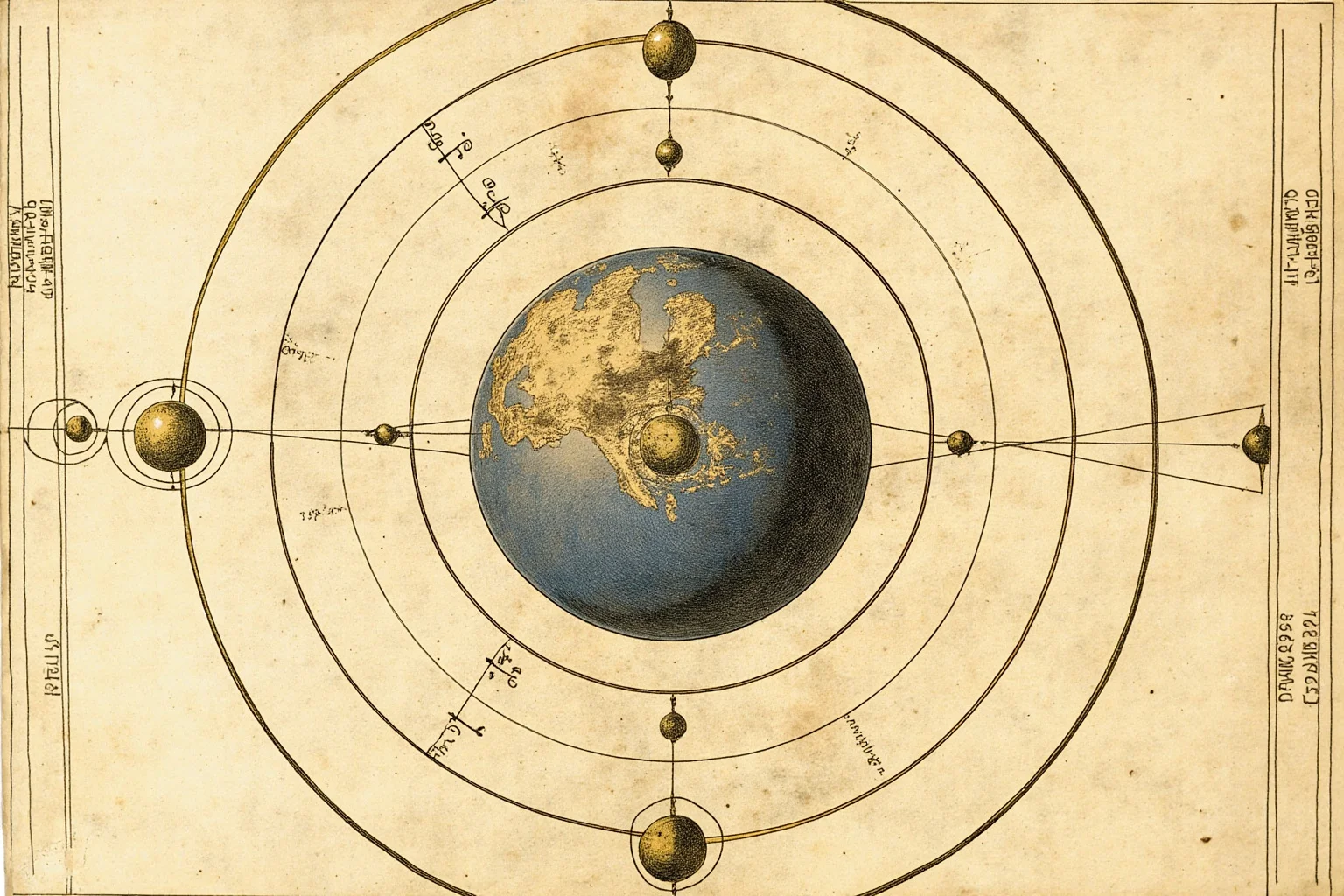Ptolemaic epicycles and deferents drawn as brass mechanical rings around Earth, medieval astronomy manuscript style, no text.