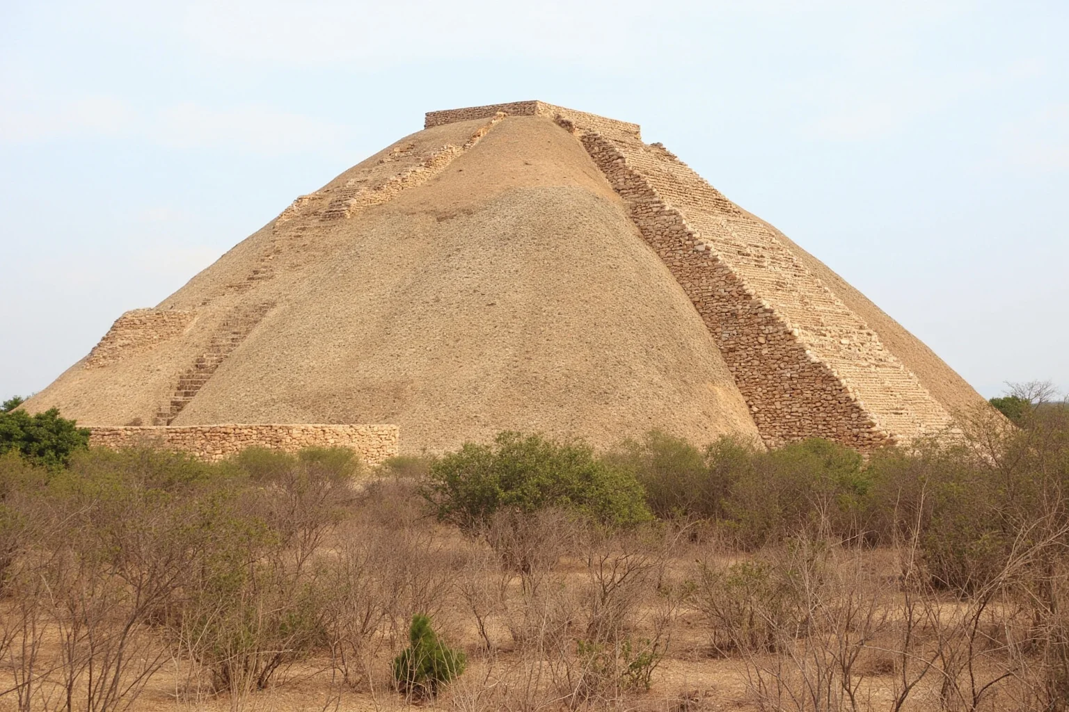 22 Most Famous Pyramids in the World 12 Pyramid of the Magician at Uxmal with its oval base and steep staircase, surrounded by dry scrubland.