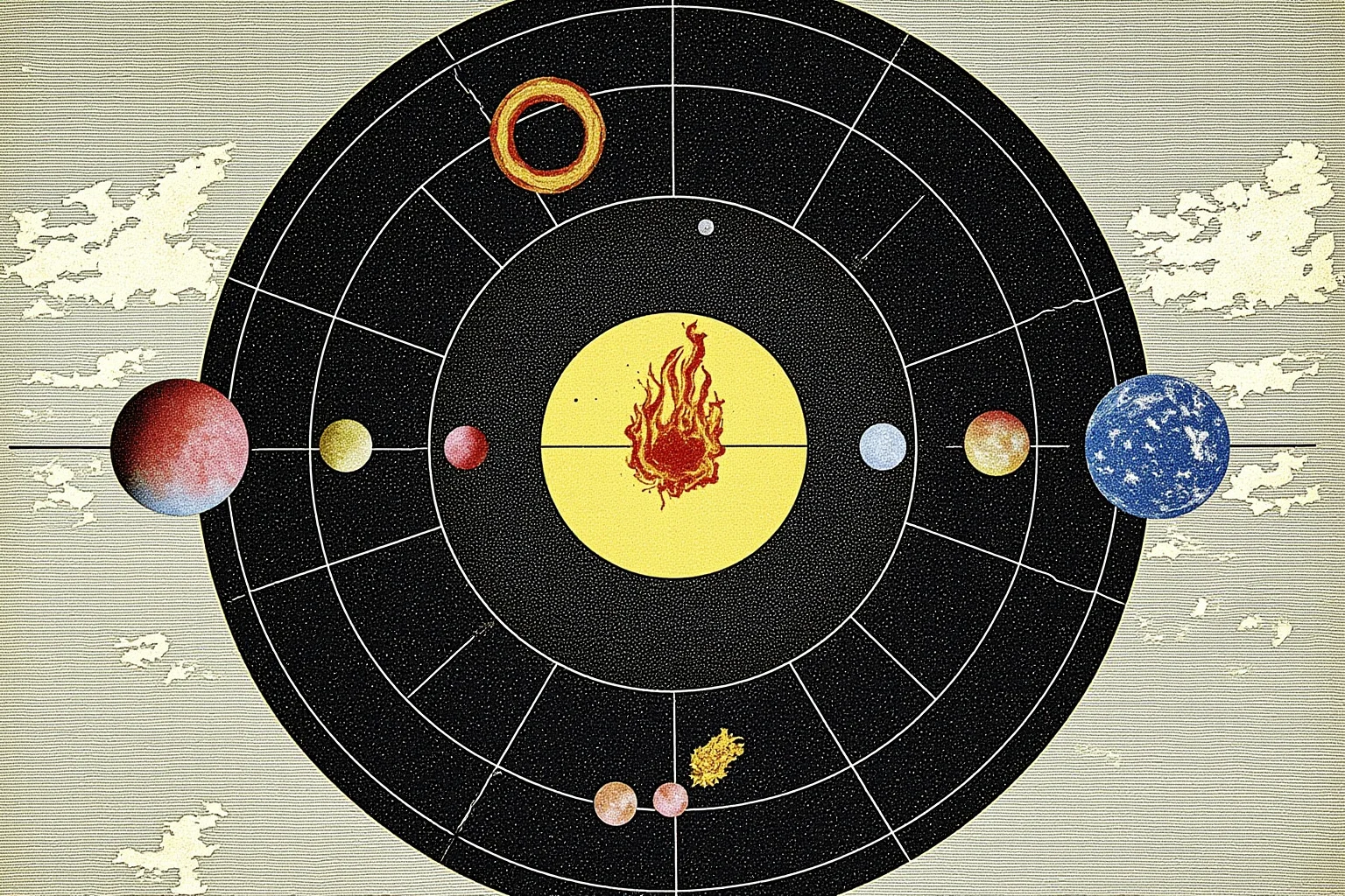 Pythagorean cosmos with central fire, Earth and celestial bodies in orbit, mathematical harmony lines, ancient Greek diagram style, no text.