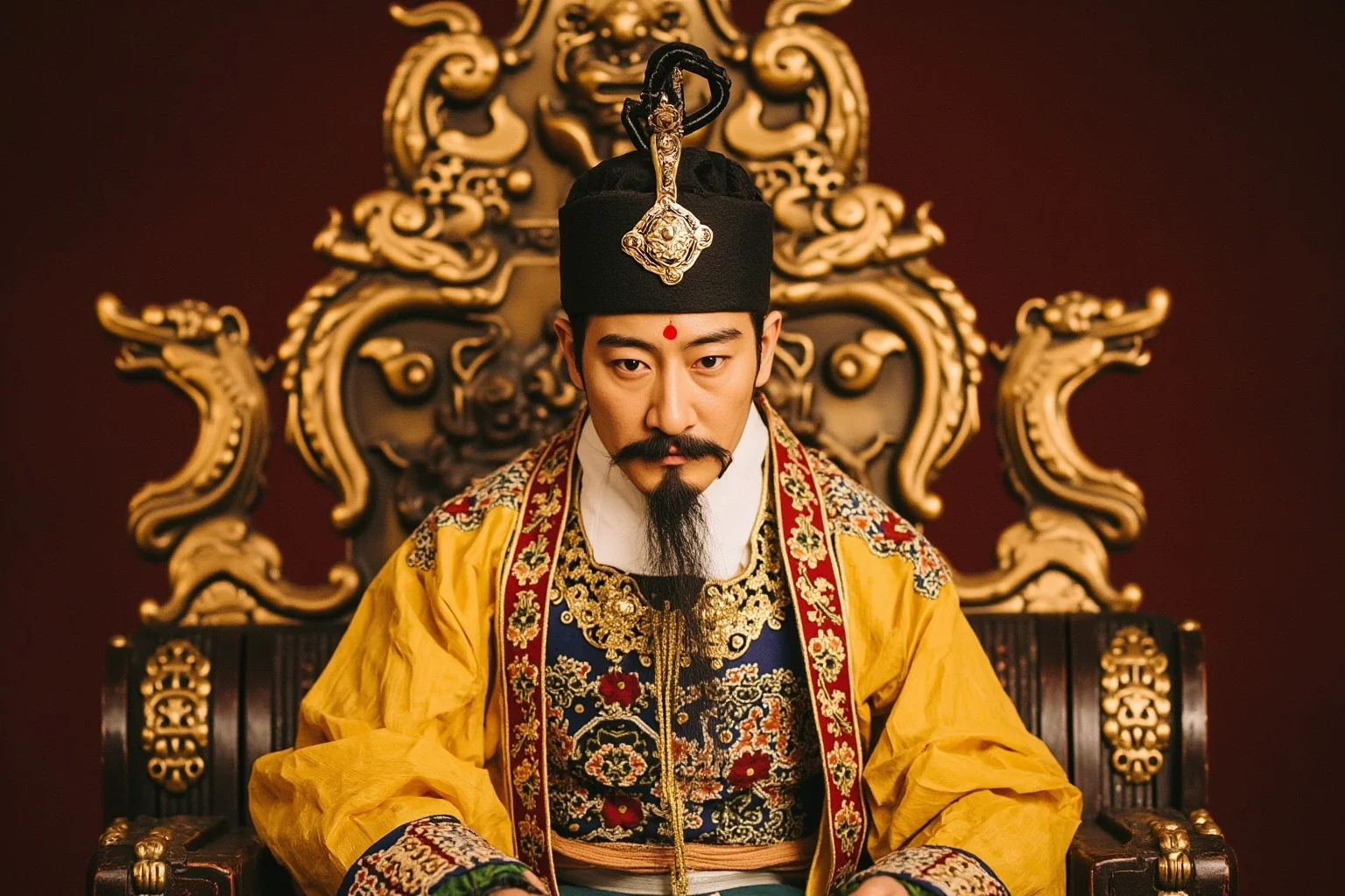 Qing Dynasty imperial court scene with Manchu rulers in traditional yellow robes and dragon throne