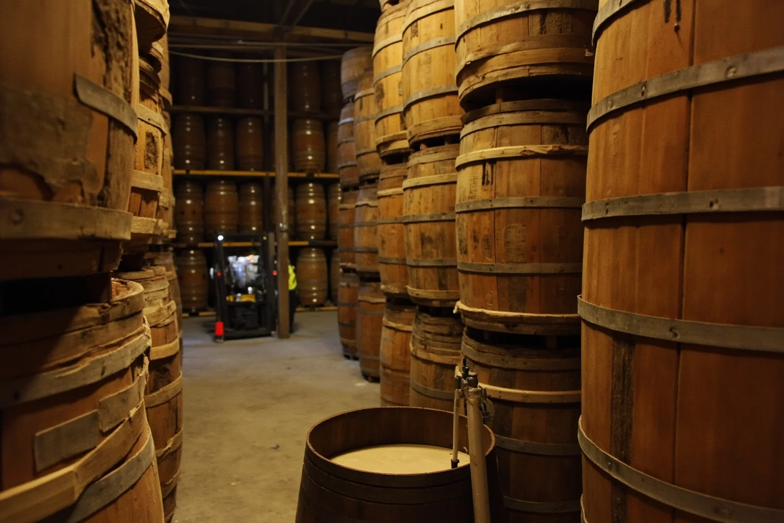 Quebec warehouse with towering rows of maple syrup barrels, one barrel open with a siphon tube, forklift in the background, warm golden light.