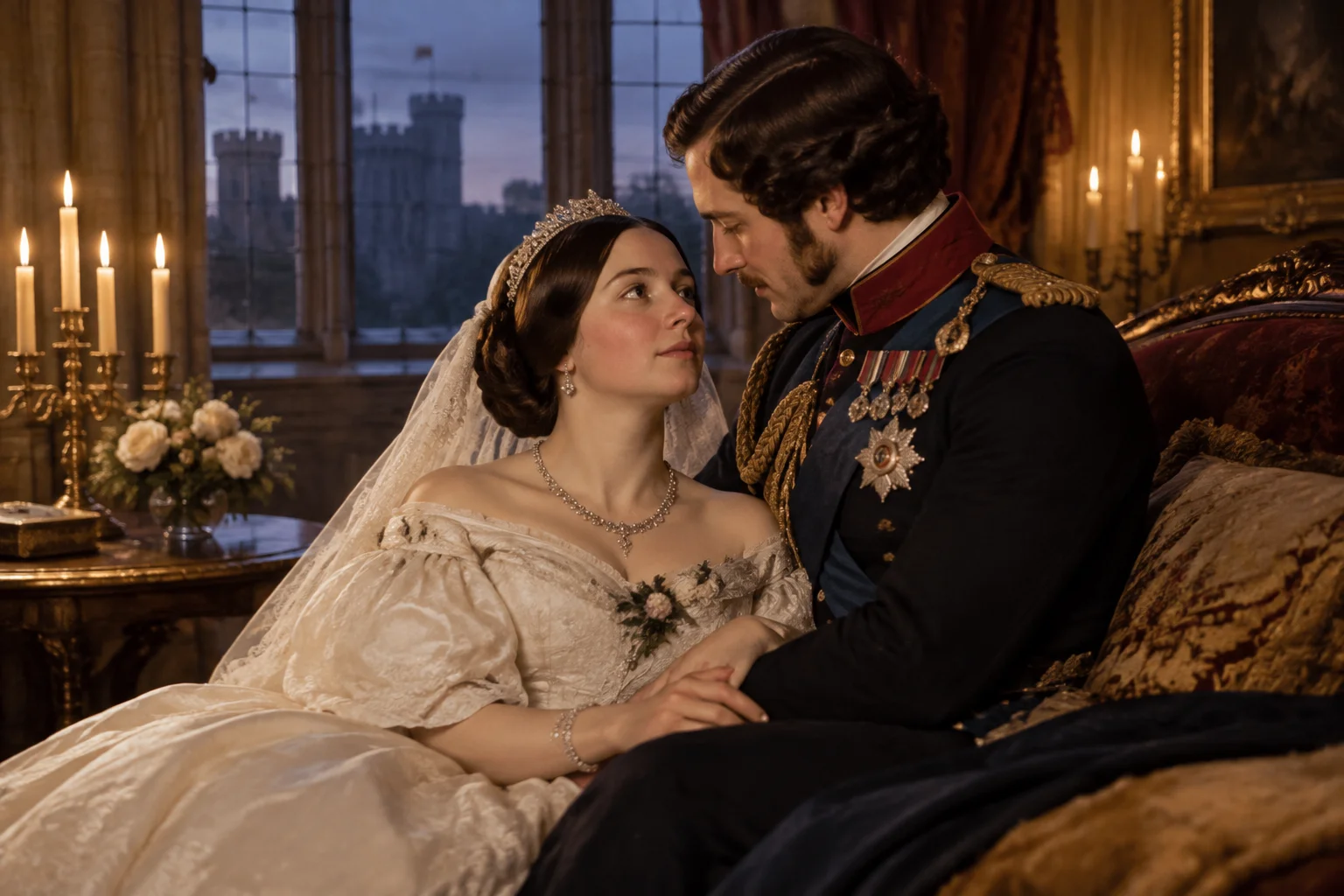 When Did Honeymoons Become A Normal Part Of Getting Married? 5 Queen Victoria and Prince Albert at Windsor Castle on their honeymoon, elegant Victorian setting, soft candlelight, historical romance.