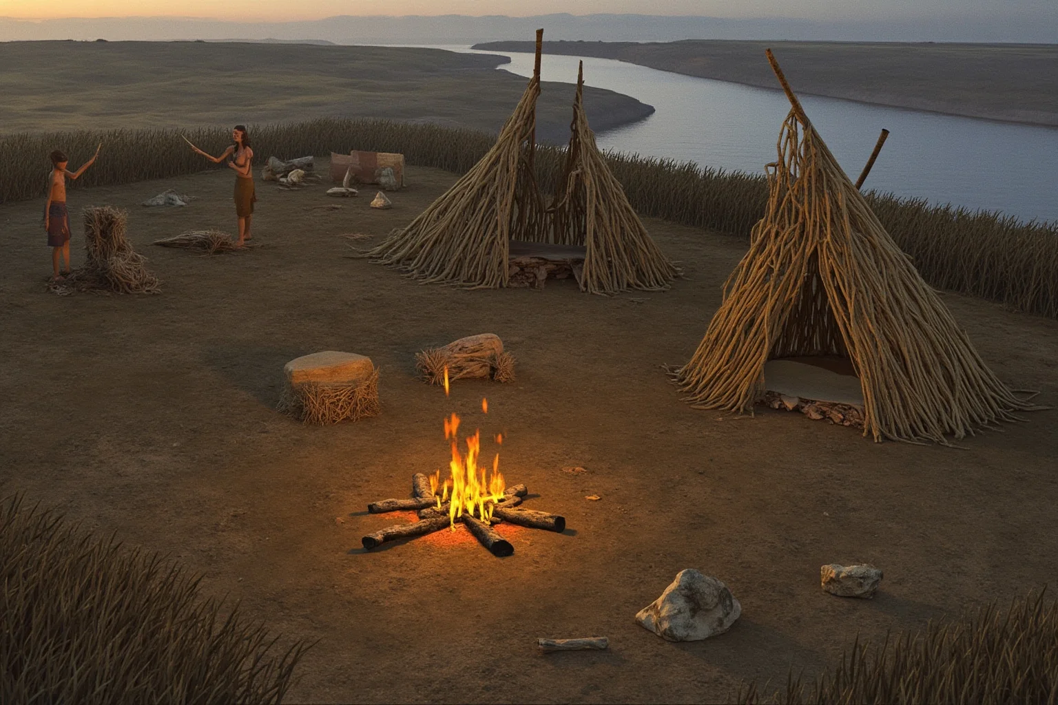24 Facts About Prehistoric Humans 3 Reconstruction illustration of an open-air prehistoric camp with hide tents, a hearth, and scattered stone flakes on a river terrace at dusk.
