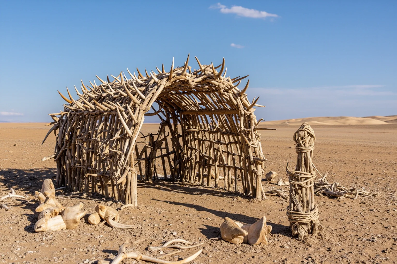 Reconstruction of a prehistoric dwelling built from mammoth bones, tusks, and jaws on the open steppe.