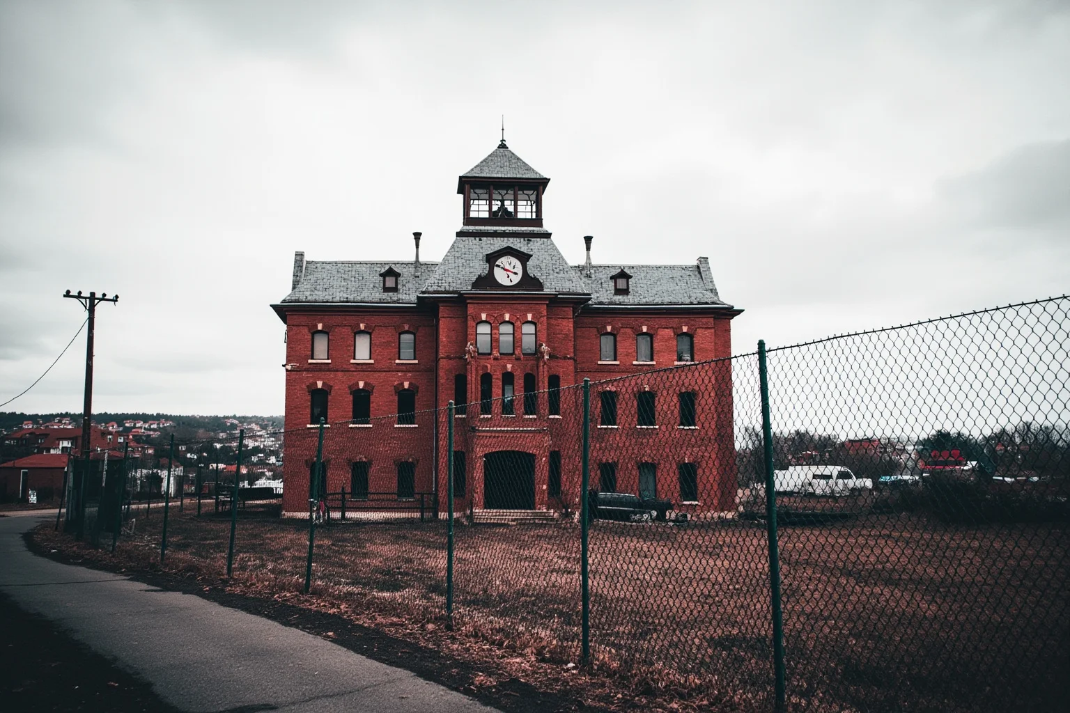 Red brick Victorian asylum with a clock tower behind a chain-link fence, housing development in the distance, overcast sky, no people, photorealistic.