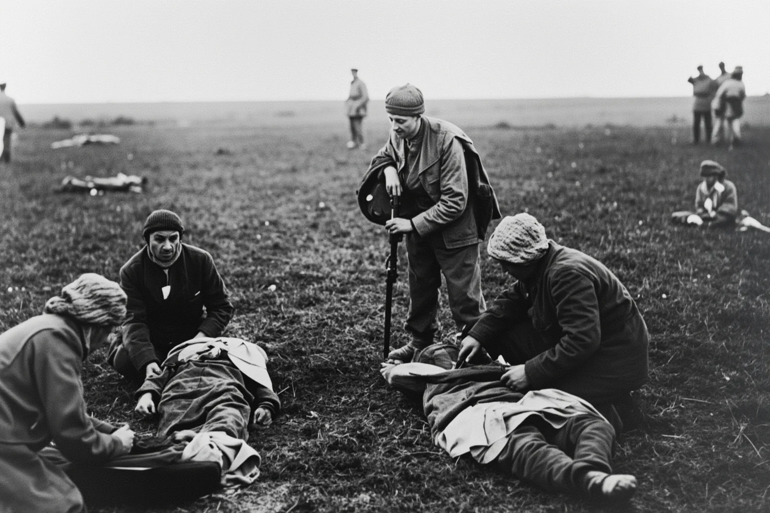 Red Cross workers treating wounded soldiers in a field hospital, 19th century Geneva Convention context