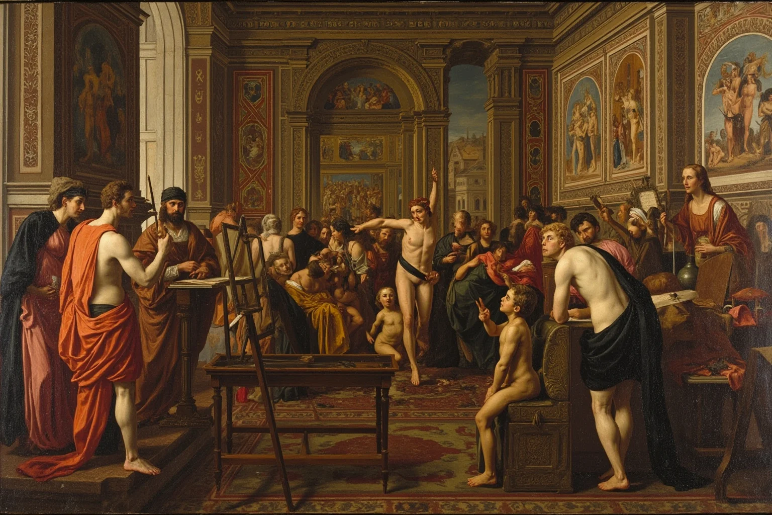 Renaissance artists painting in a workshop with wealthy patrons, colorful frescoes, Florence background, warm light, classical style