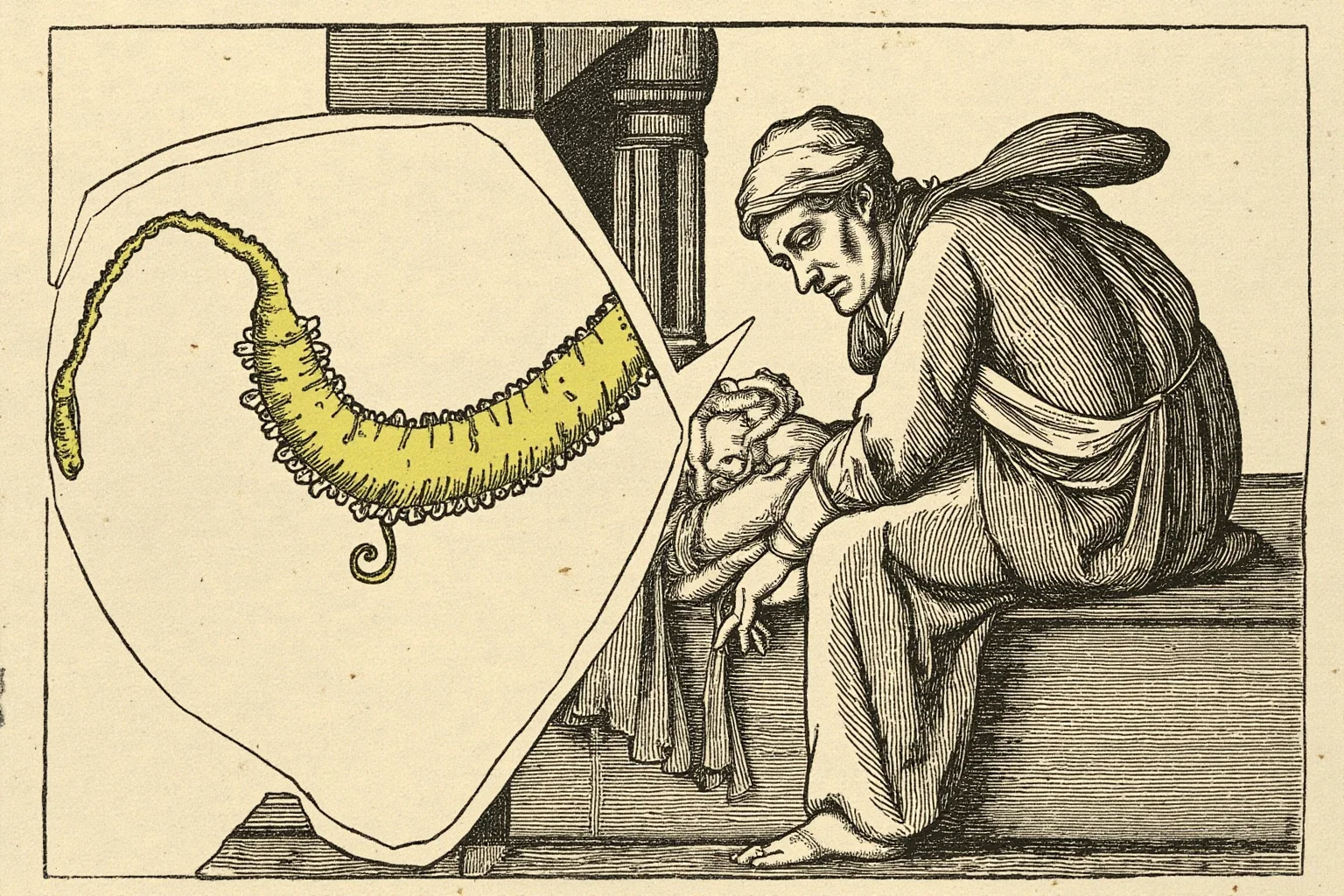 Renaissance-era illustration of a physician examining a patient, with a stylized corkscrew-shaped bacterium magnified in a corner