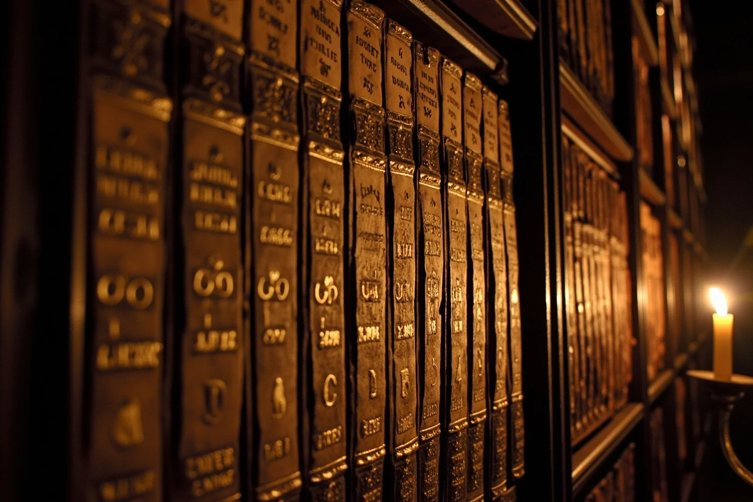 Renaissance papal library with a long manuscript list of mottoes and coats of arms, candlelit and scholarly