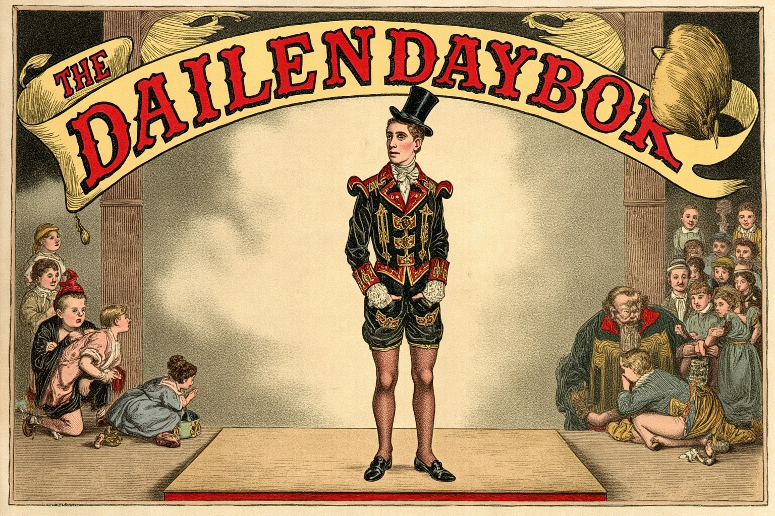 Respectful illustration of a young sideshow performer standing on a Victorian exhibit stage, vintage banner art, non-caricatured