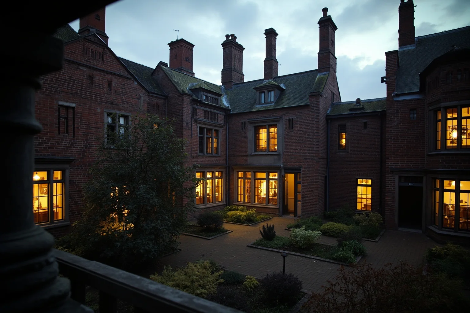 Restored Victorian asylum courtyard converted into shops and gardens, warm lights in windows, brick towers, no people, photorealistic.