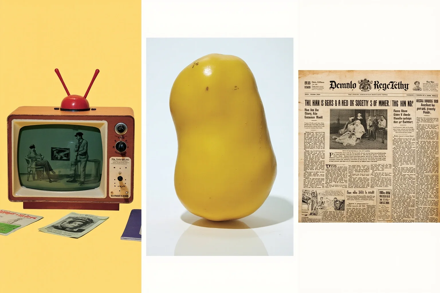 Retro collage of 1952 items: a vintage TV morning-show set, an early plastic potato-shaped toy, and a newspaper front page