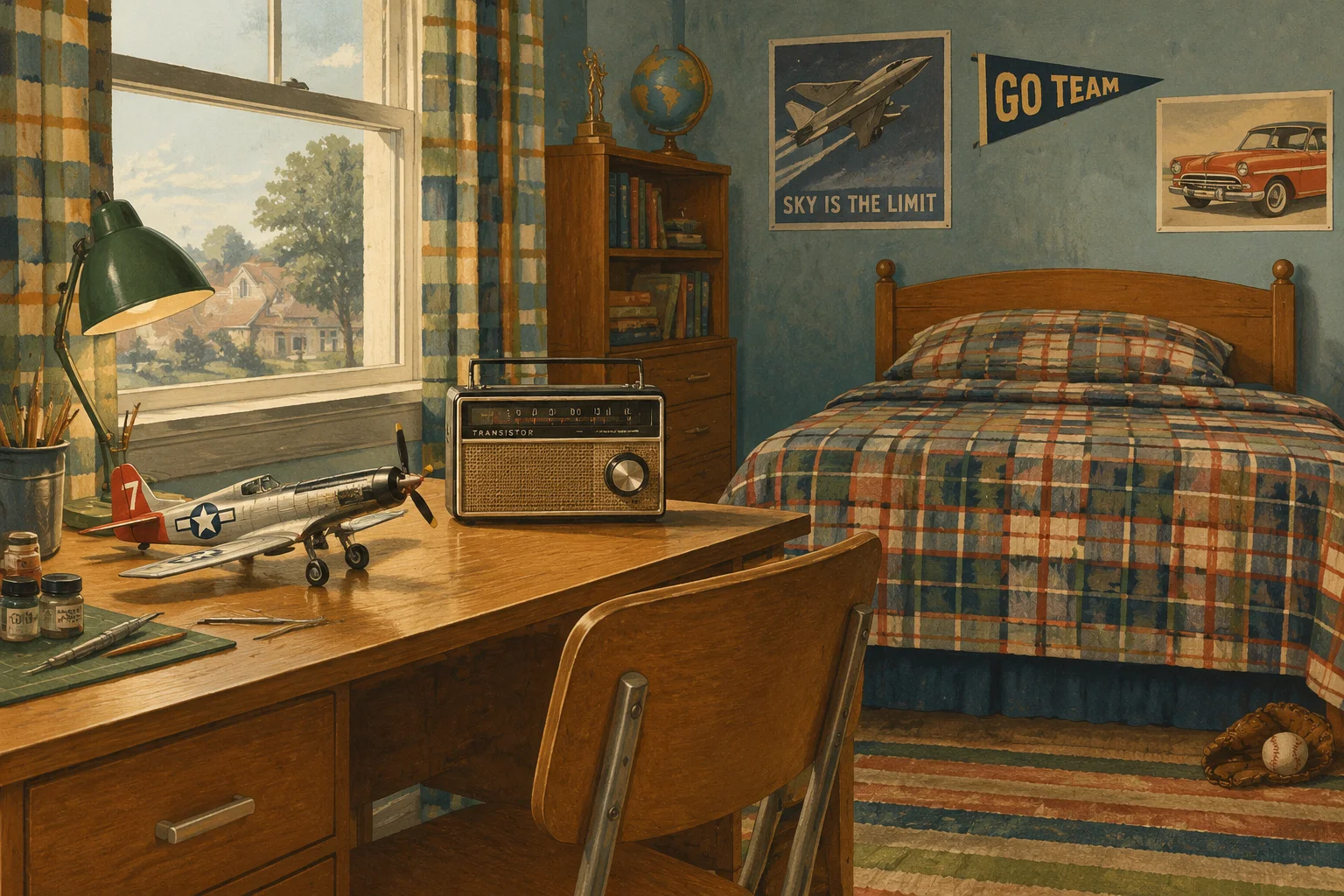 Retro illustration of a 1960s boy's bedroom with a model airplane on a desk, a plaid bedspread, and a transistor radio, soft muted mid-century palette.