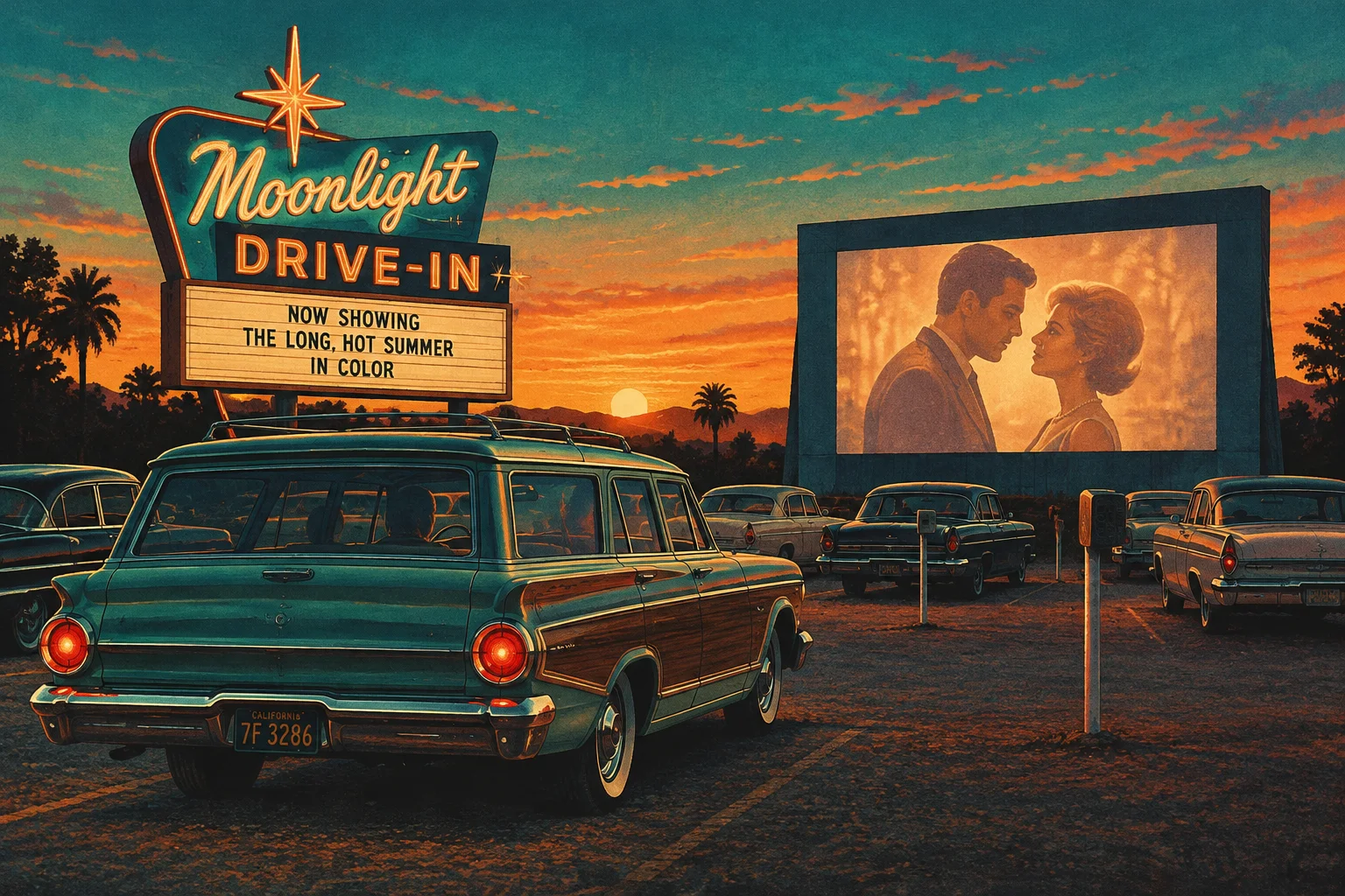 Retro illustration of a 1960s drive-in movie theater at dusk, a station wagon parked facing a glowing screen, nostalgic teal and orange palette.