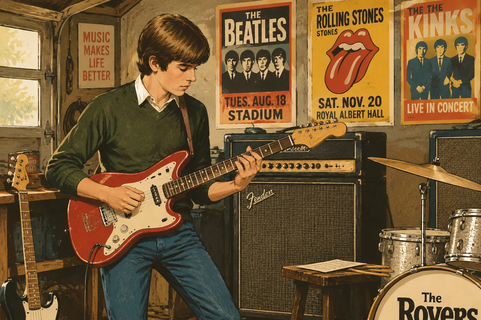 Retro illustration of a 1960s garage band rehearsal, a teenager playing an electric guitar beside amplifiers and concert posters, mid-century palette.