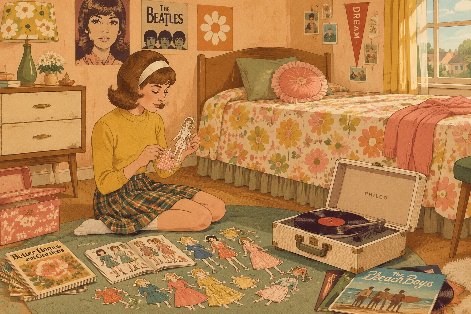 Retro illustration of a 1960s girl's bedroom with a portable record player, paper dolls, and a flowered bedspread, warm pastel mid-century palette.