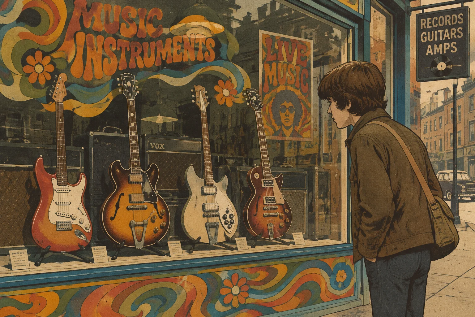 Retro illustration of a 1960s music shop window with electric guitars on display and a teenager peering in, muted psychedelic palette.