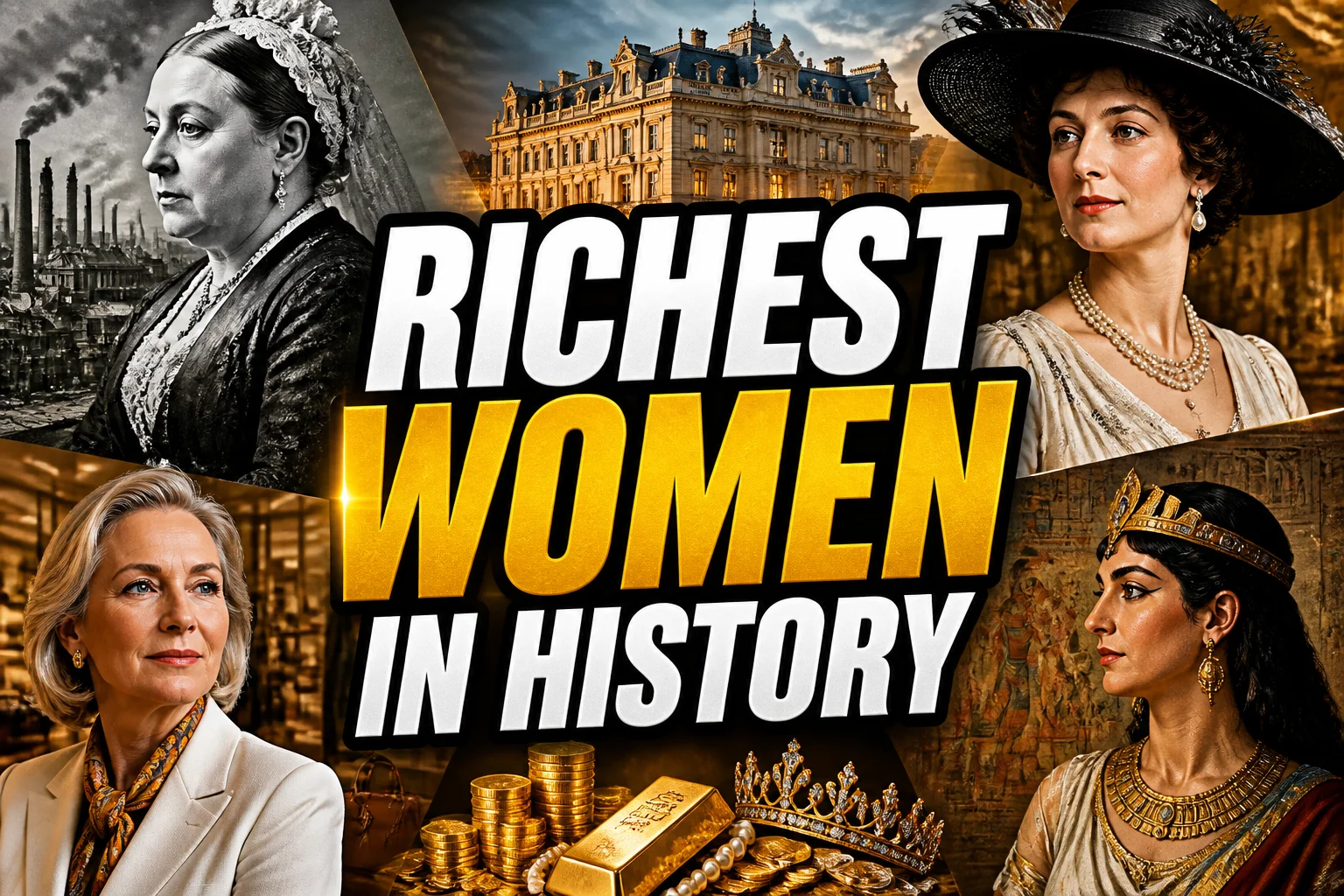 Richest Women in History: 22 Wealthiest Females of All Time 2 A bold, high-impact blog featured image in the style of a professional YouTube thumbnail or documentary poster. Create a dramatic photo-collage montage of 3-5 distinct historical scenes, subjects, or artifacts directly relevant to "Richest Women in History: 22 Wealthiest Females of All Time" — vivid, cinematic documentary-photography style, rich color grading, high contrast, dynamic diagonal composition blending the scenes together. Overlay a large, bold, stacked headline of text on top reading exactly: "RICHEST WOMEN IN HISTORY". Render the headline in a heavy, condensed, high-contrast font with a black outline/stroke for legibility, mixing white text with a single vibrant accent color (gold, red, or orange) on the most important word or phrase for emphasis, spelled correctly. The headline text must be the dominant visual element — large, bold, and easy to read even at small thumbnail size. Vibrant, punchy, professional commercial photography and graphic-design composition. 16:9 landscape. Keep the headline text within the vertical center safe zone, away from the very top and bottom edges of the frame, since the image may be cropped afterward. No watermarks, no logos, no extra captions or invented text beyond the headline itself.