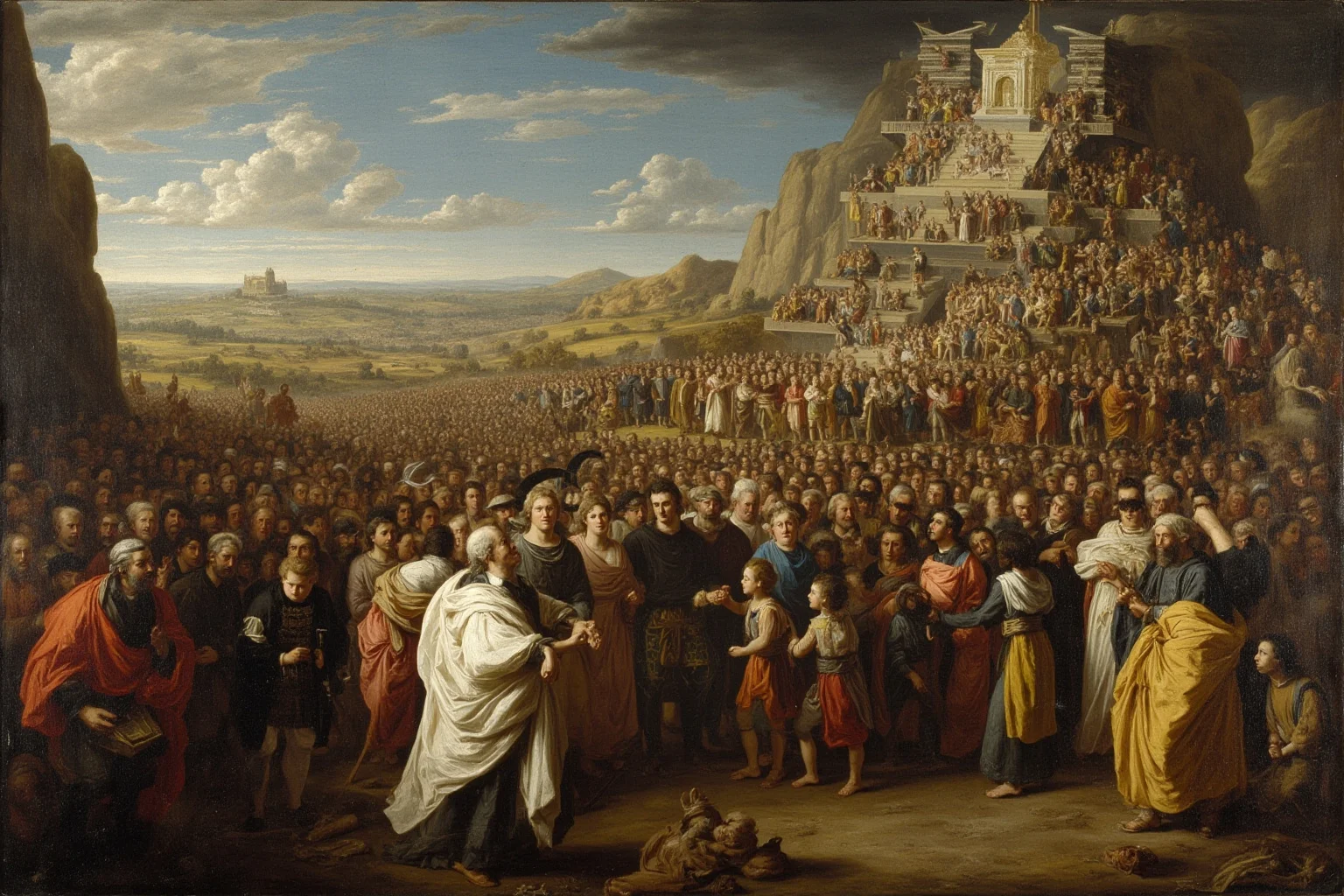 Fascinating Facts About The French Revolution 12 Robespierre at the Festival of the Supreme Being, with crowds and a mountain altar, 1794, historical painting.