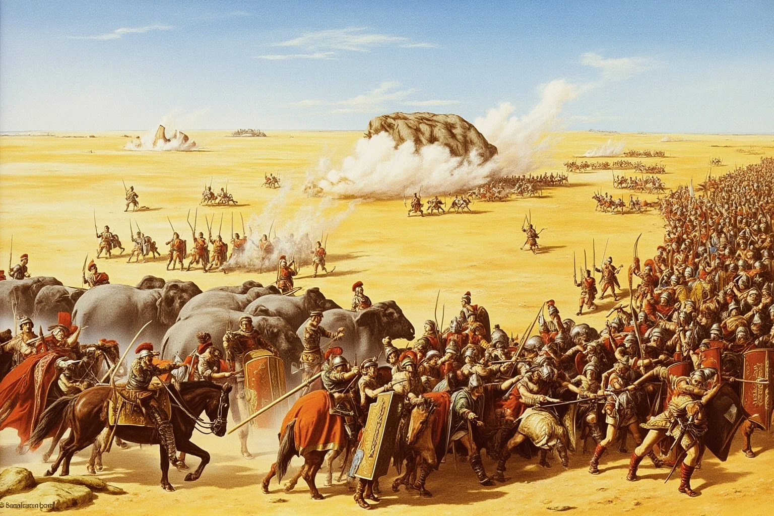 25 Epic Battles of History: The Greatest Clashes That Shaped Our World 10 Roman and Carthaginian armies clashing on a North African plain with elephants at the Battle of Zama, historical illustration