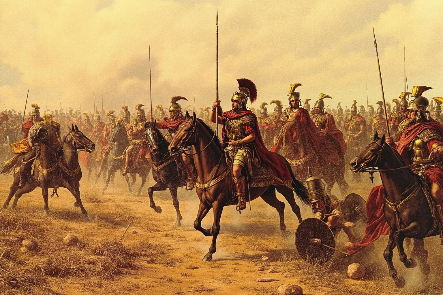 25 Epic Battles of History: The Greatest Clashes That Shaped Our World 13 Roman cavalry and Gothic warriors fighting on a dusty plain at the Battle of Adrianople, late Roman armor, historical illustration