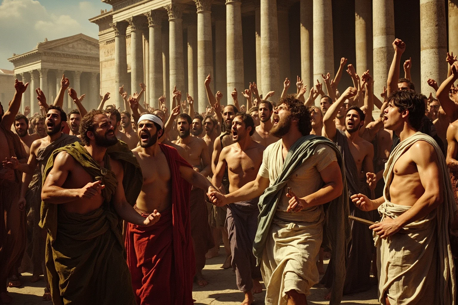 21 Times Governments Were Overthrown by the People 3 Roman citizens declaring an end to monarchy in the Roman Forum, toga-clad figures, dramatic historical painting style, no recognizable real faces.
