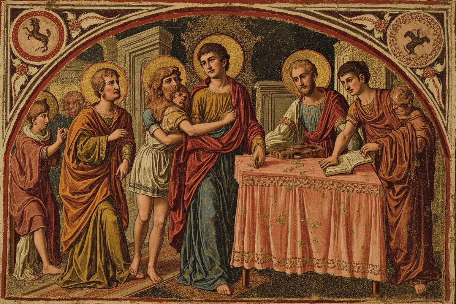 Roman emperor signing an edict of tolerance, early Christian symbols, historical scene