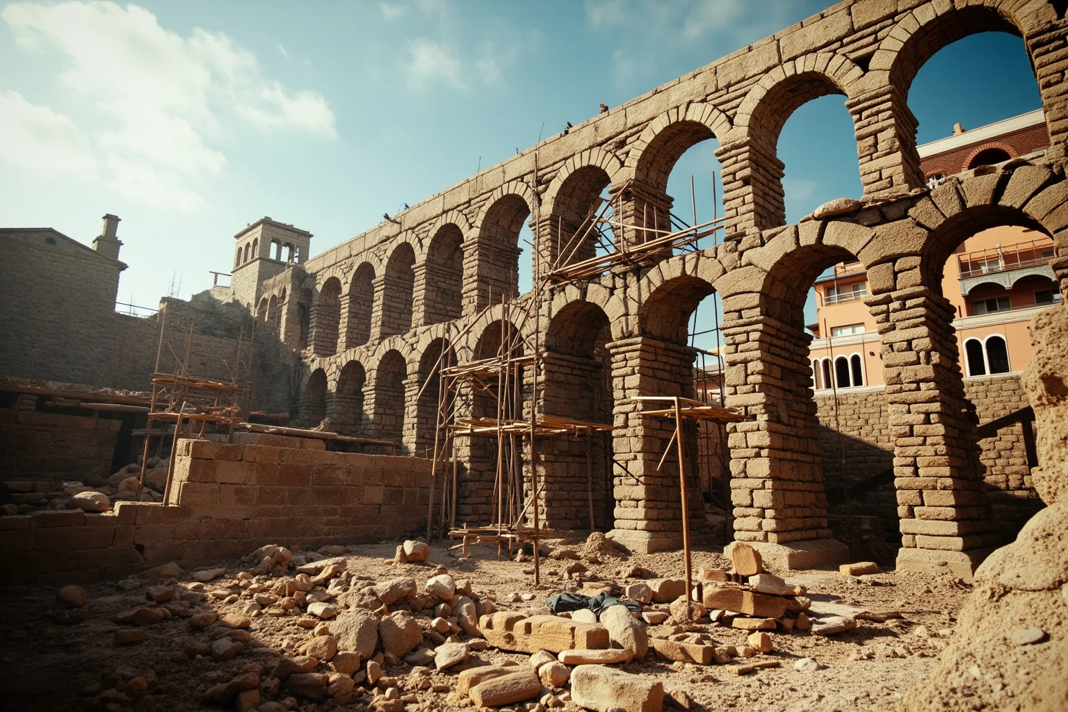 Roman engineers building an aqueduct with stone arches, scaffolding and workers, bright daylight