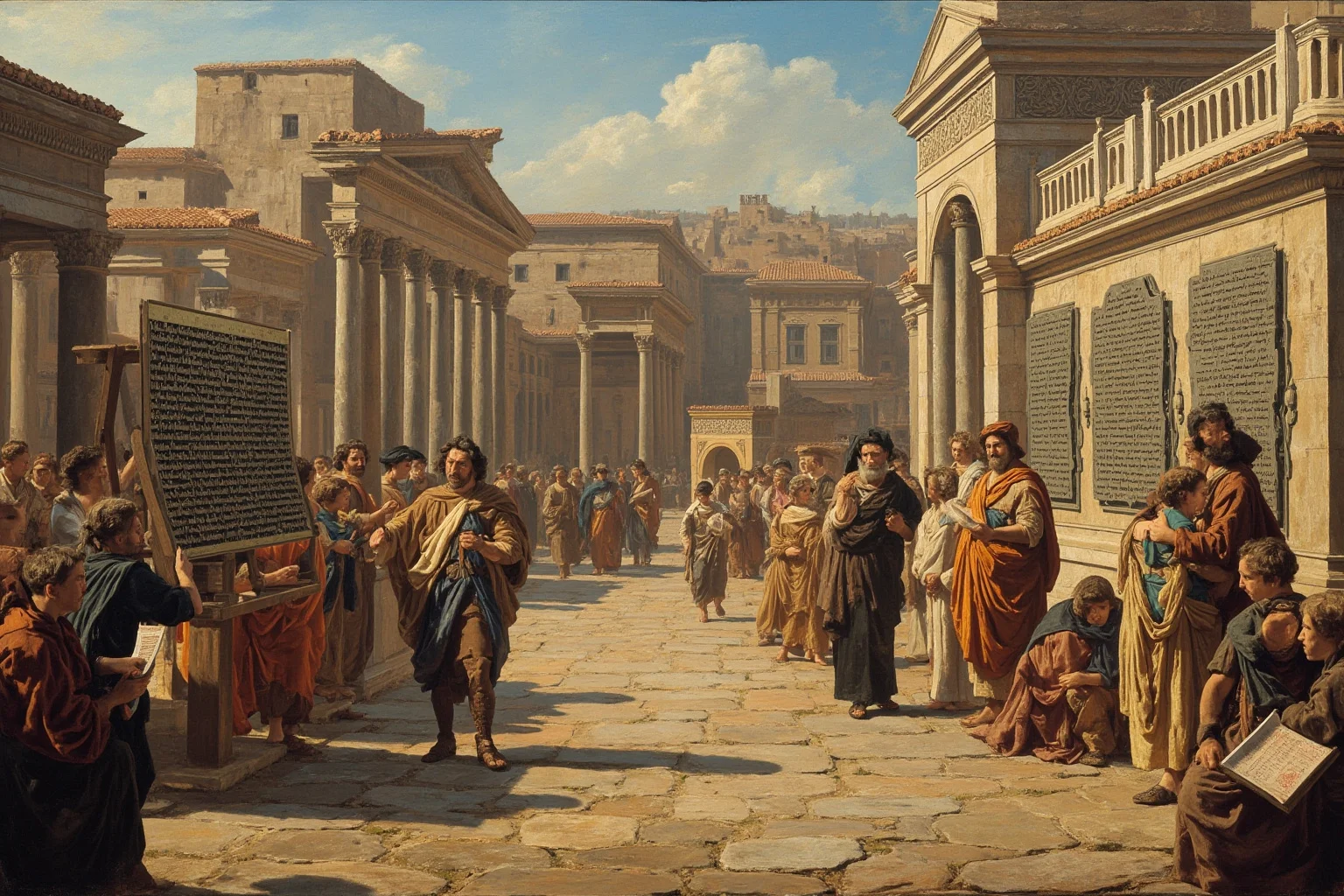 Roman Forum with bronze tablets on wooden posts, citizens reading laws, classical painting style
