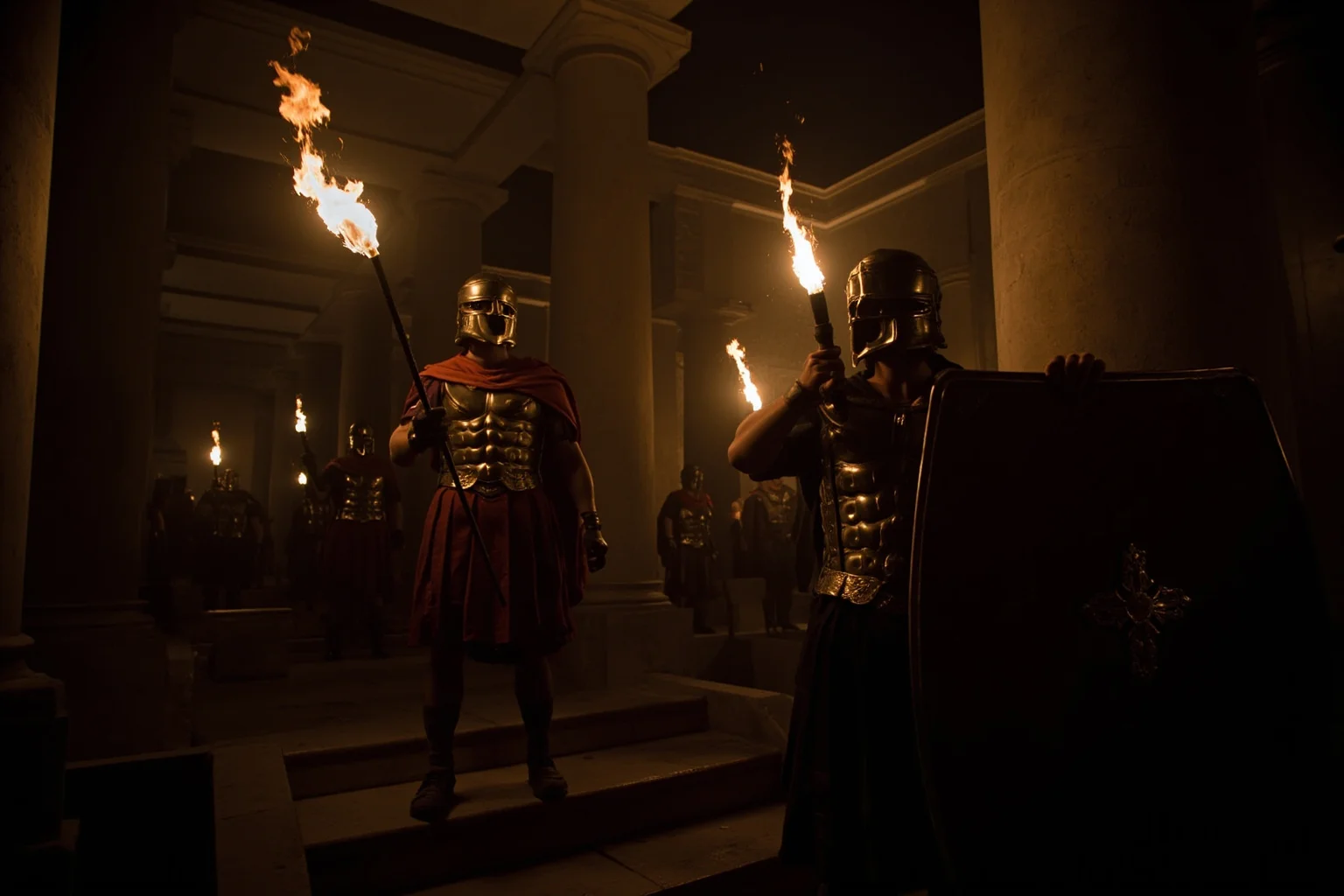 Roman guards with swords in a palace corridor at night, torchlight, tense atmosphere