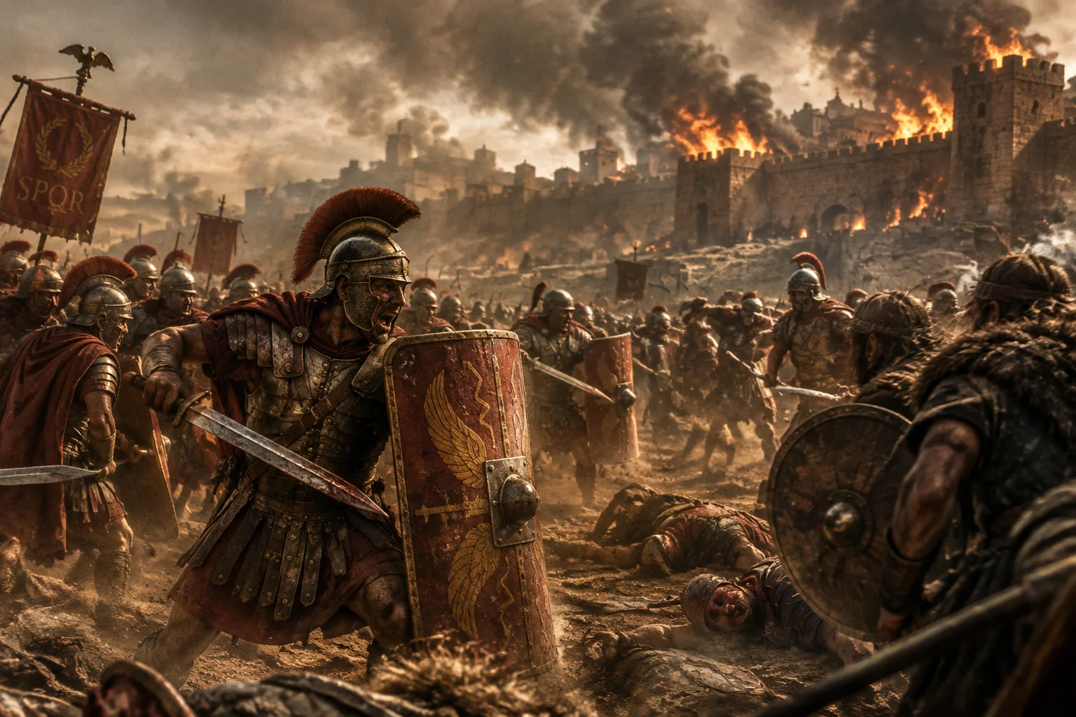 The Single Worst Time Period in Human History? What the Evidence Actually Shows 5 Roman legionaries in a chaotic third-century battlefield with burning city walls in the background, dusty sepia tones.