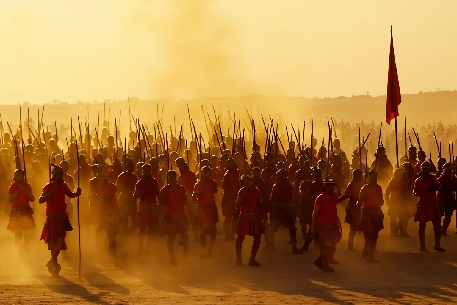 Roman legionaries in flexible formation on a dusty plain, eagle standard raised, golden afternoon light
