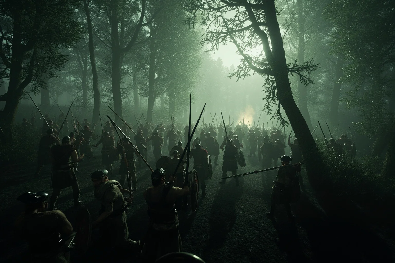 25 Epic Battles of History: The Greatest Clashes That Shaped Our World 12 Roman legions ambushed in a dense misty forest by Germanic warriors at the Battle of the Teutoburg Forest, gloomy atmosphere, historical illustration