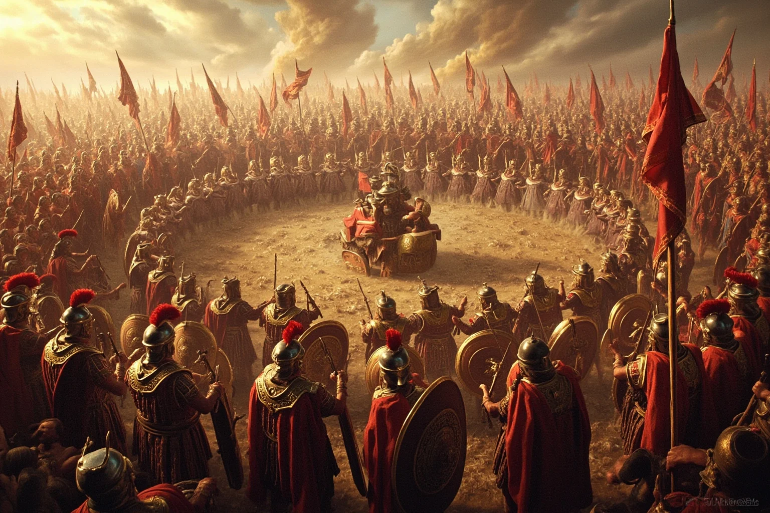 25 Epic Battles of History: The Greatest Clashes That Shaped Our World 9 Roman legions surrounded by Carthaginian cavalry in a shrinking circle at the Battle of Cannae, chaotic battlefield, historical illustration