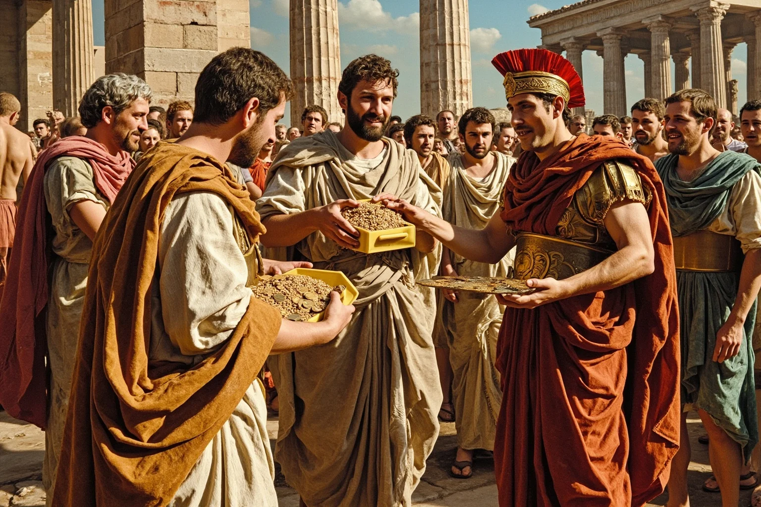 Roman officials distributing grain and coins to citizens in a forum, classical historical illustration