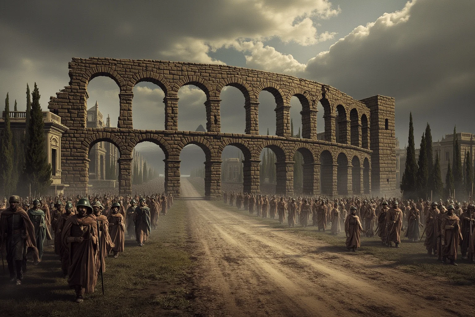 Most Peaceful Periods In History: The 10 Most Chaotic Eras That Broke The Calm 7 Roman provincial town under threat, cracked aqueduct and marching columns on a dusty road, overcast sky, somber classical atmosphere, historical illustration style