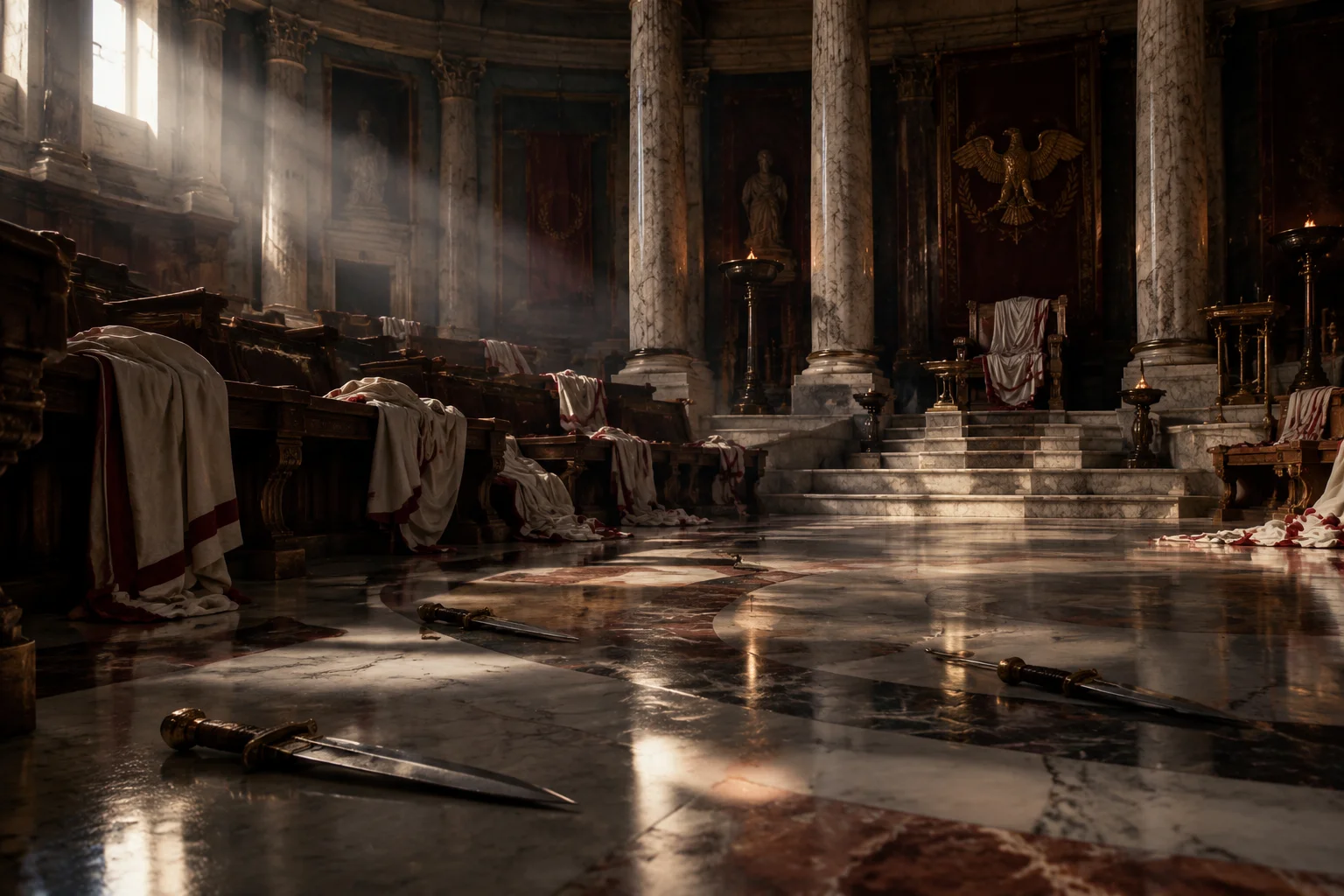 Roman senate hall with togas and marble columns, empty daggers on the floor, dramatic shadows, moody historical atmosphere, no recognizable faces