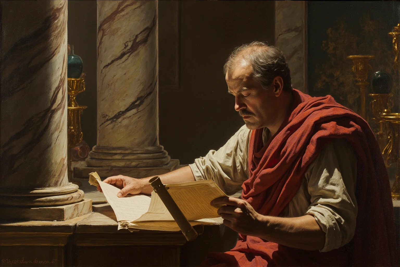 Roman senator consulting scrolls in a temple of prophecy, marble columns and oil lamps, classical painting style