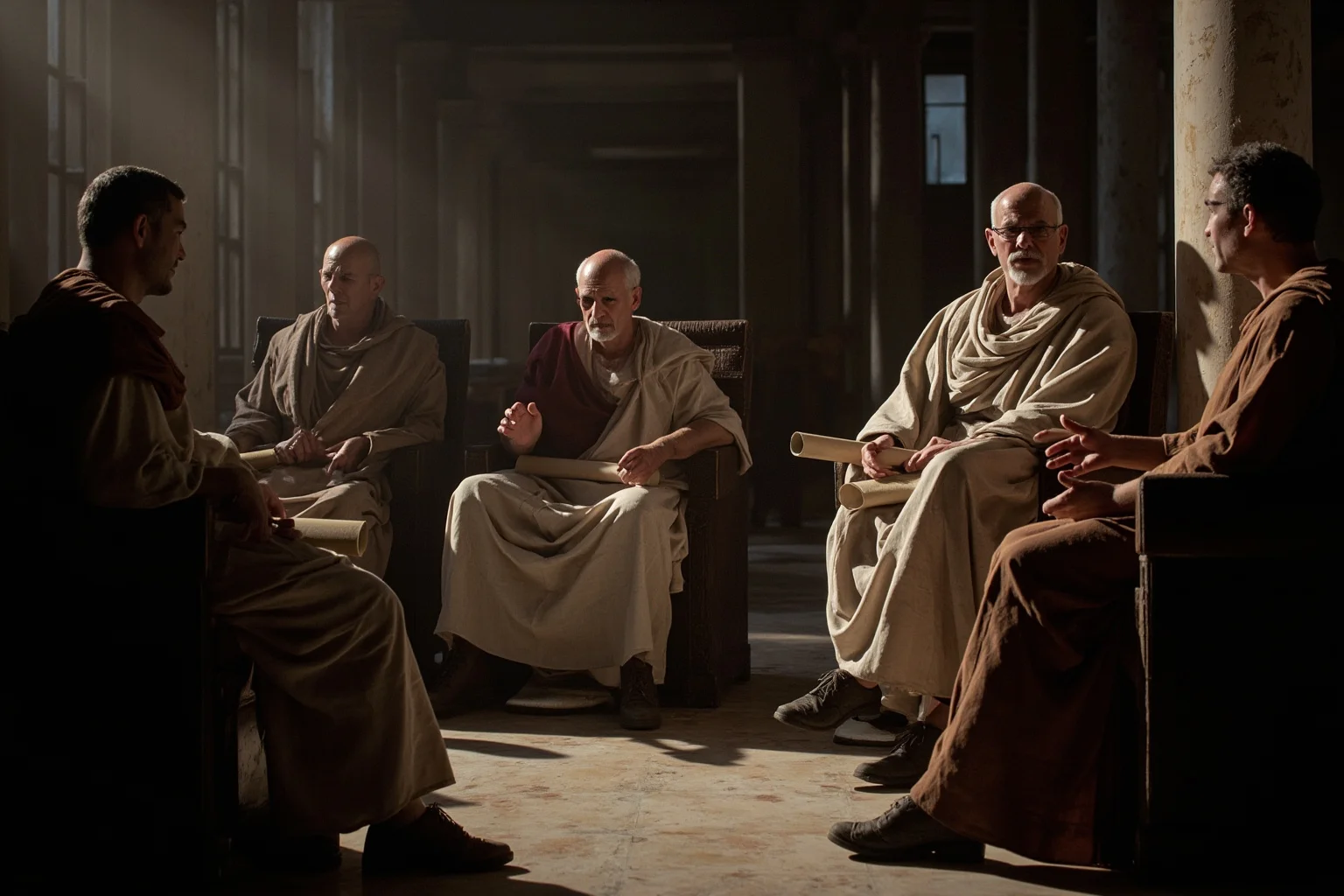 Roman senators in a marble hall arguing, tense expressions, togas and scrolls, muted dramatic light