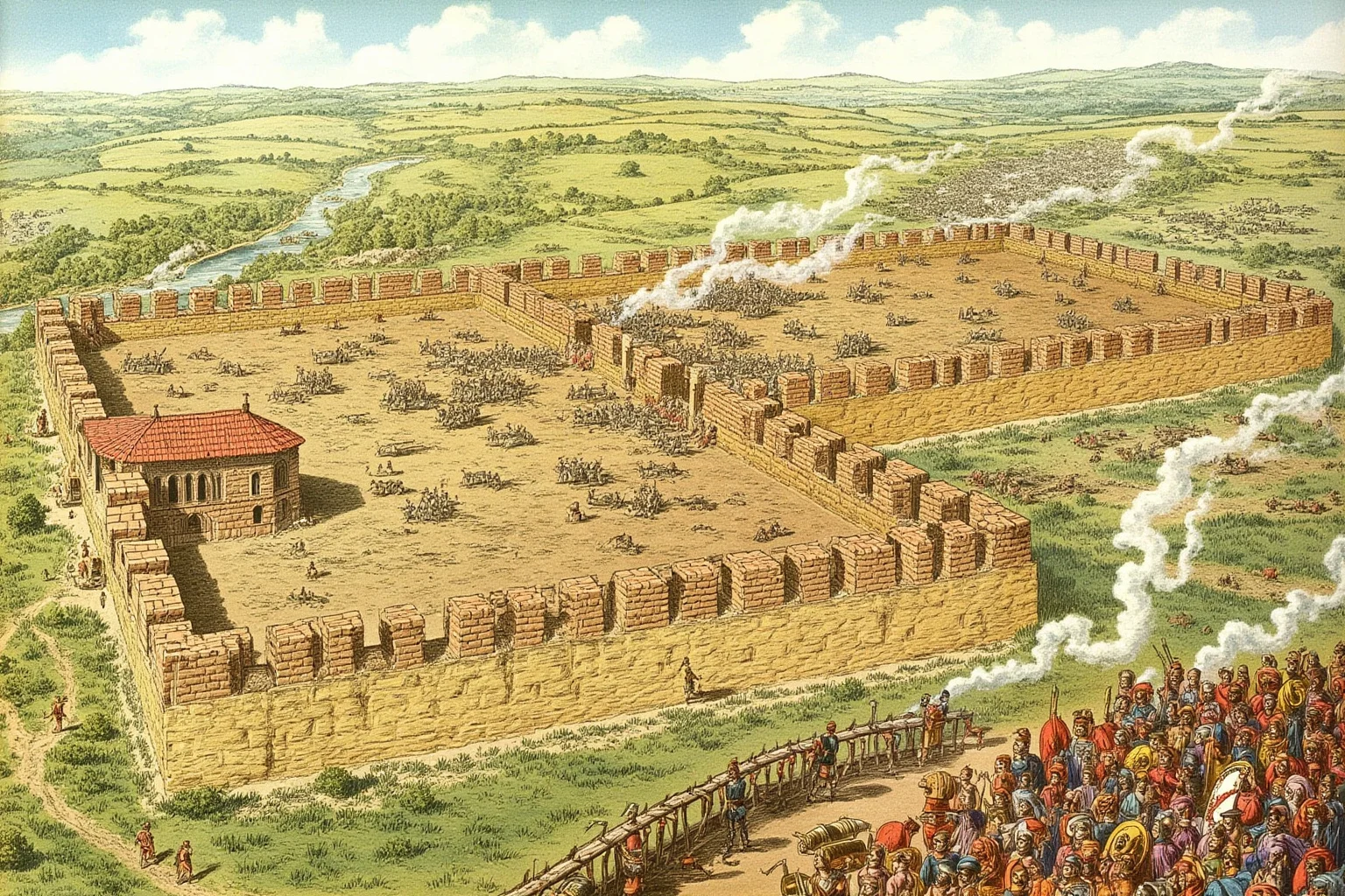 25 Epic Battles of History: The Greatest Clashes That Shaped Our World 11 Roman siege lines with double walls around a hilltop Gallic fortress at the Battle of Alesia, soldiers and earthworks, historical illustration