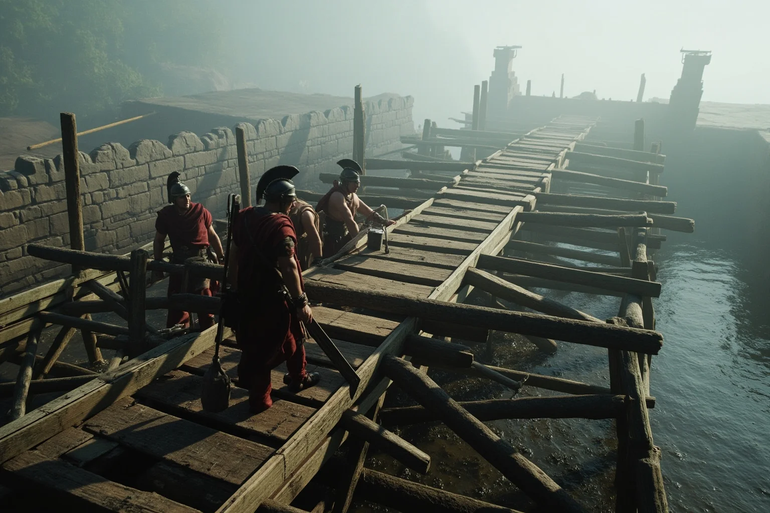 Roman soldiers building a wooden bridge and fortifications, engineering tools and timber, misty riverbank