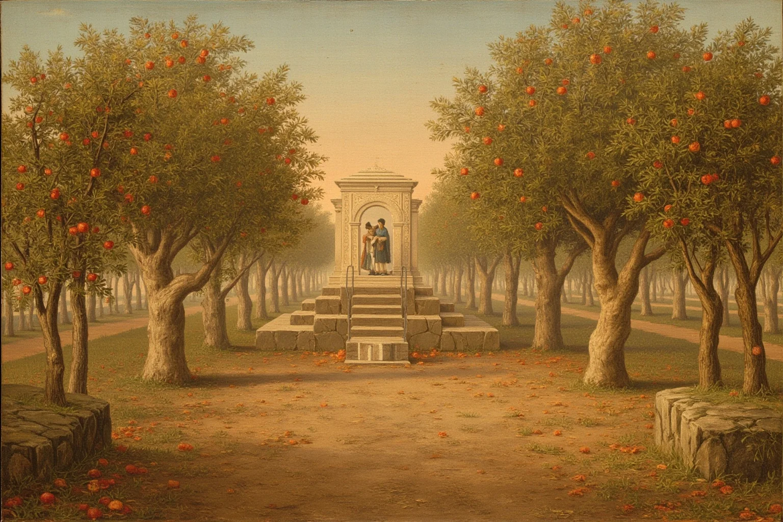 Roman-style orchard with apple trees and a small stone shrine, warm autumn light, classical fresco painting style, no text