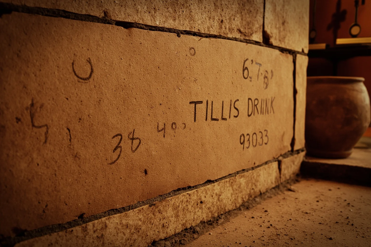 23 Ancient Graffiti Messages That Sound Shockingly Modern 10 Roman tavern counter wall with scratched drink tallies and numbers, clay amphora nearby, warm interior light, no people.