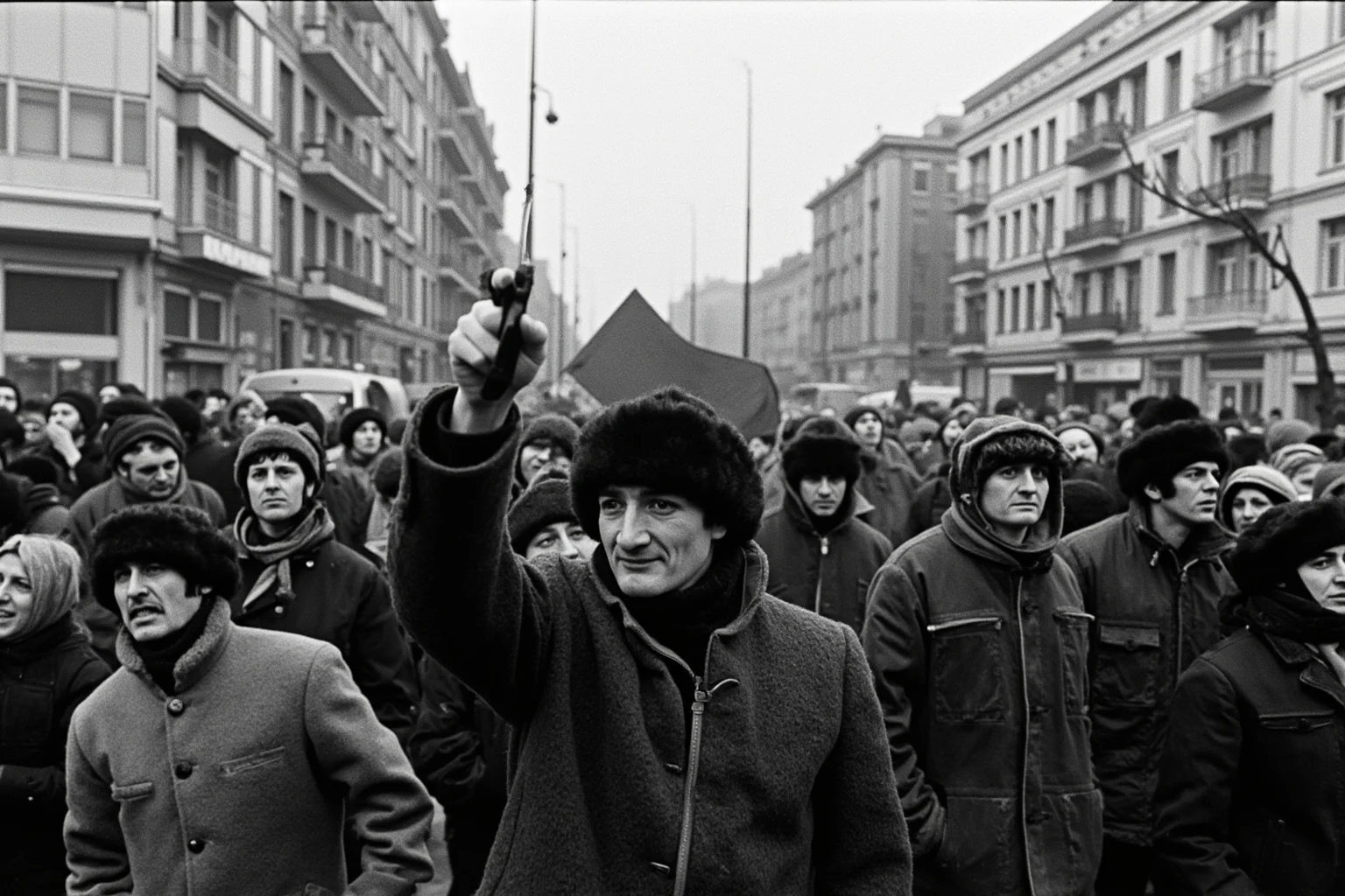 21 Times Governments Were Overthrown by the People 11 Romanian crowds in Bucharest during the 1989 revolution, cold winter day, dramatic tension, historical photojournalism style.