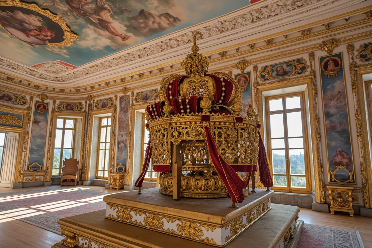 Romanov-era Winter Palace in St Petersburg with Russian imperial crown and golden regalia
