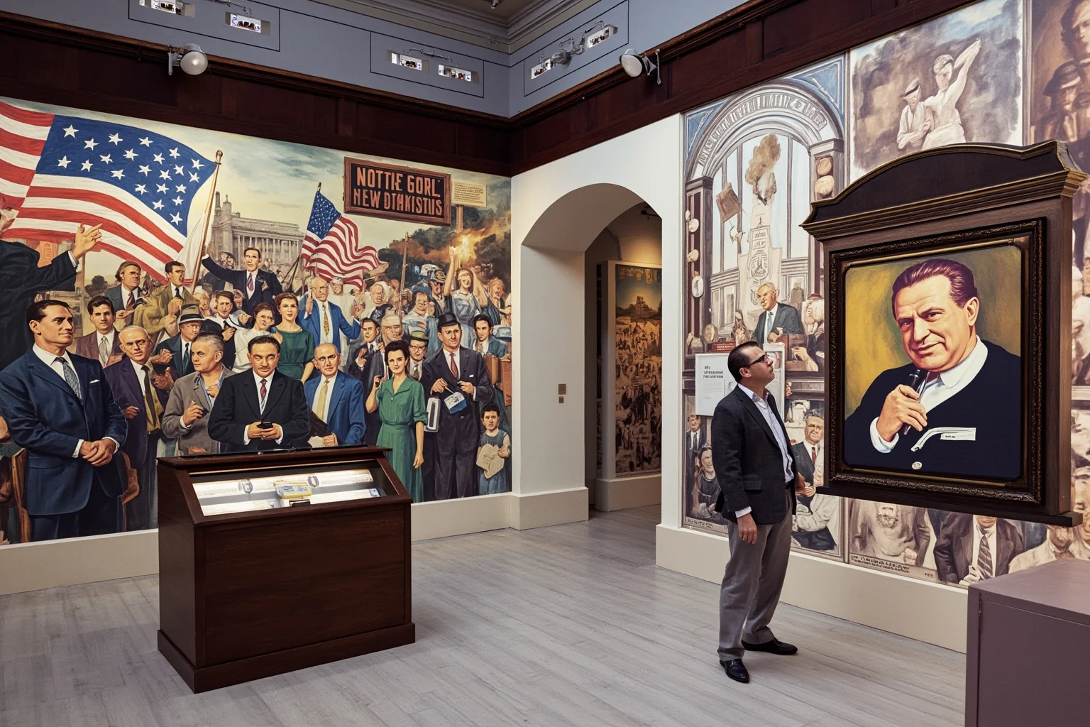 Roosevelt-era American political scene with New Deal murals and progressive-era symbolism