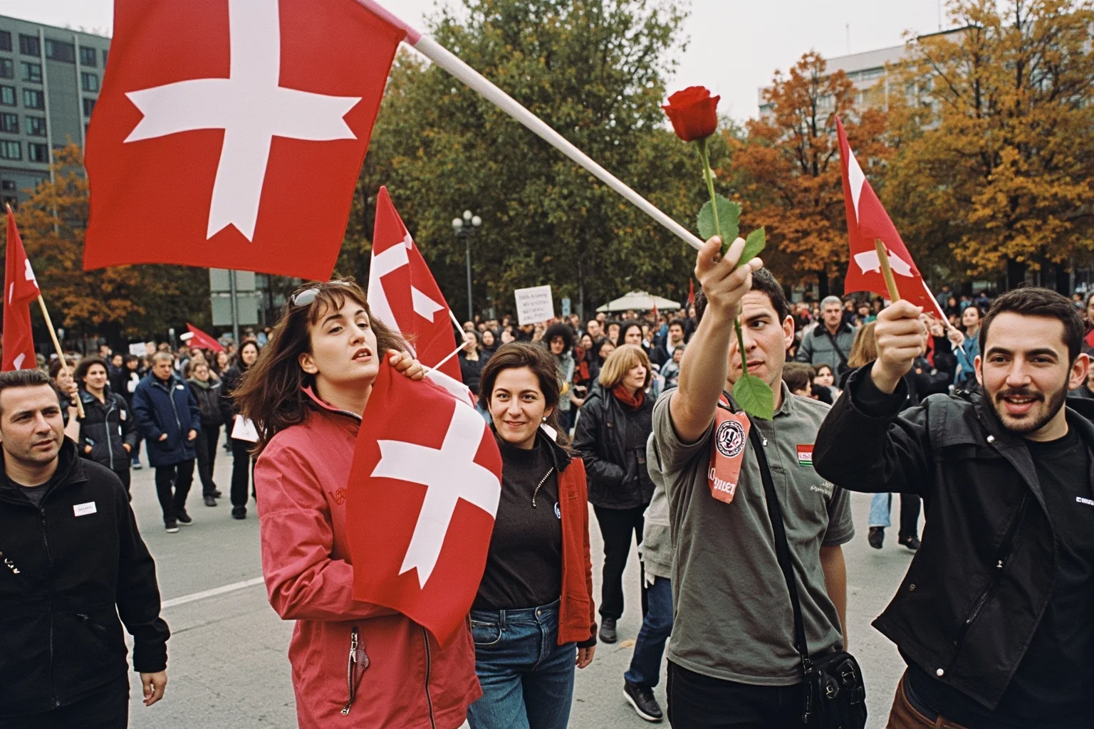 21 Times Governments Were Overthrown by the People 15 Rose Revolution protesters in Tbilisi, 2003, citizens holding roses, Georgian flags, autumn city square, peaceful demonstration.